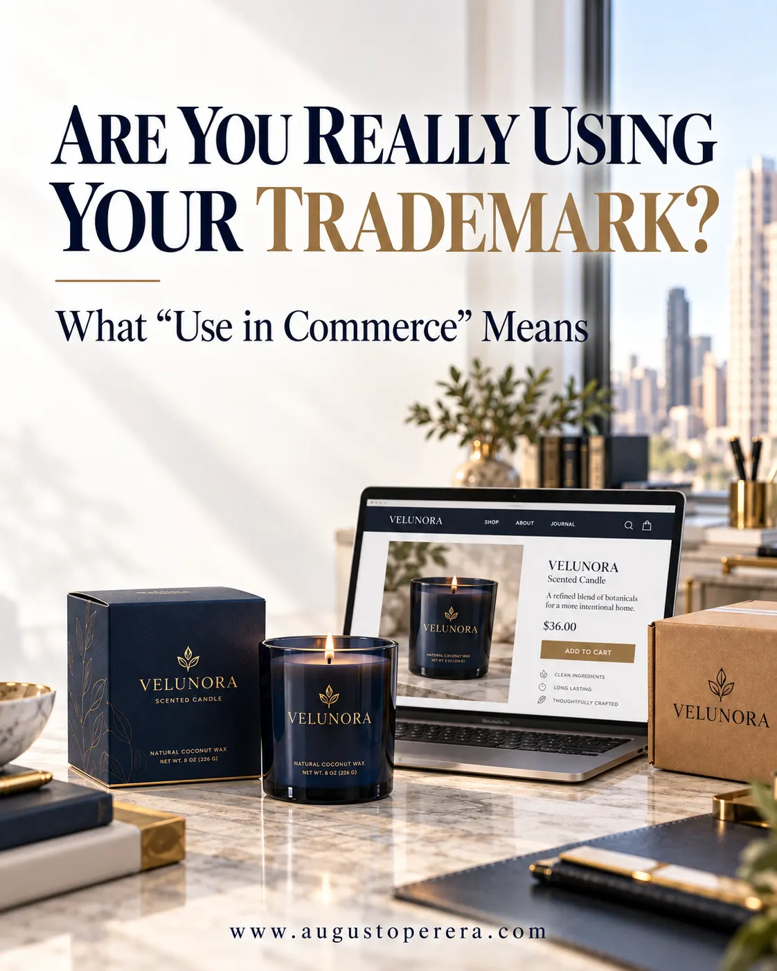 Trademark use in commerce: product packaging, e-commerce page with Add to Cart and shipping box