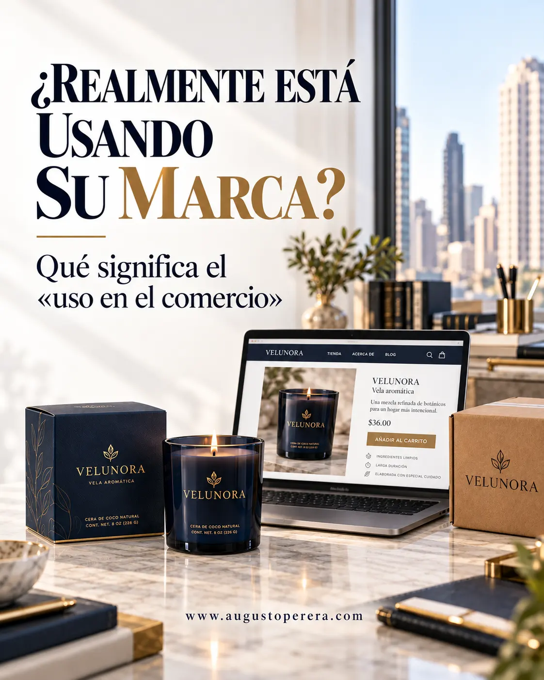 Uso de marca en el comercio: empaque del producto, tienda en línea con Añadir al carrito y caja de envío